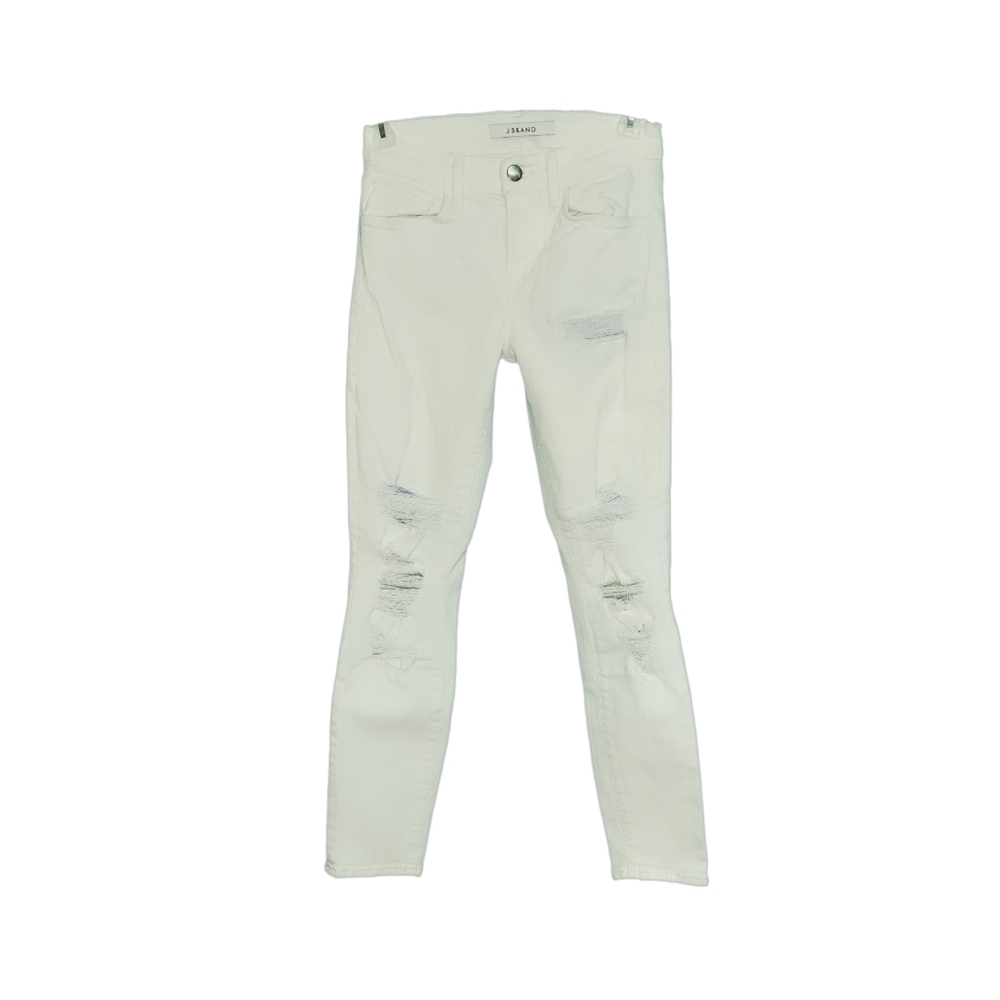 J Brand Capri Distressed White Jeans W/Blue Denim Patches Women's Size 25